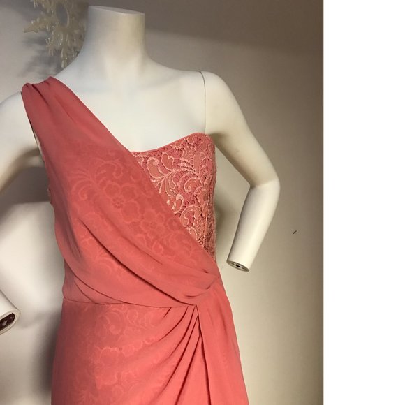 MADE IN CANADA Le Chateau PLUS SIZE Peach Corral Pink Lace Chiffon Bodycon dress - Picture 3 of 4